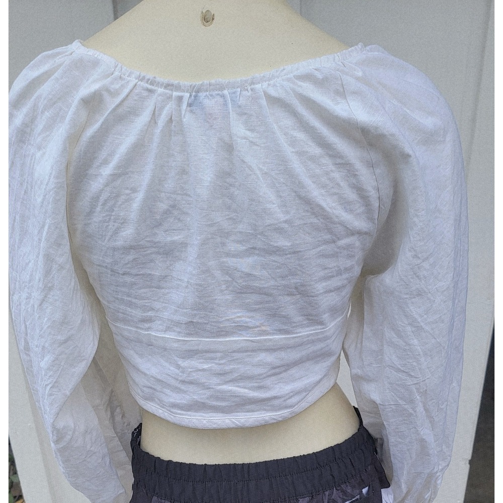 VRG GRL Linen Blend‎ Balloon Sleeve Deep V Crop Milkmaid Fairycore Ivory Sz 8 - Picture 6 of 13